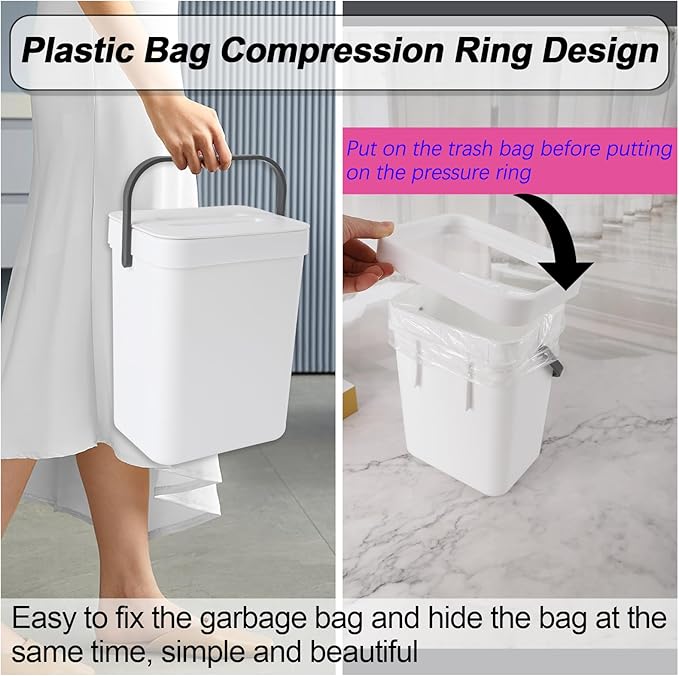 Compost Bin Kitchen, Includes 100 Trash Bags, Hanging Trash Can with Lid, Features Pet-Proof, Odor-Proof, and Quiet Opening/Closing. Suitable for Bathrooms/Bedrooms/Offices (White, 0.8Gal/3L)