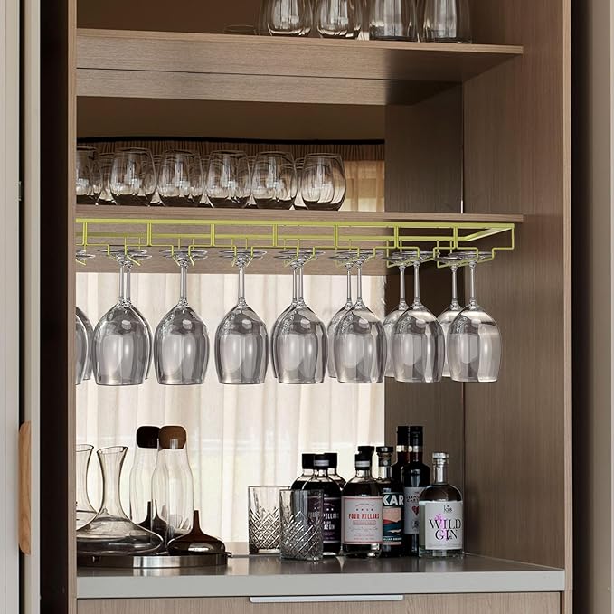 8-Row Wine Glass Rack Under Cabinet, 31 inch Stemware Hanger under Shelf, Large Capacity Glasses Storage for Bars and Kitchen Counters