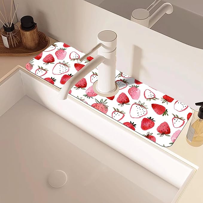 Watercolor Strawberry Kitchen Sink Splash Guard Mat Absorbent Fast Drying Mat Faucet Draining Mat Sink Splash Guard Behind Faucet Drip Catcher for Kitchen Bathroom 5.5"×15"