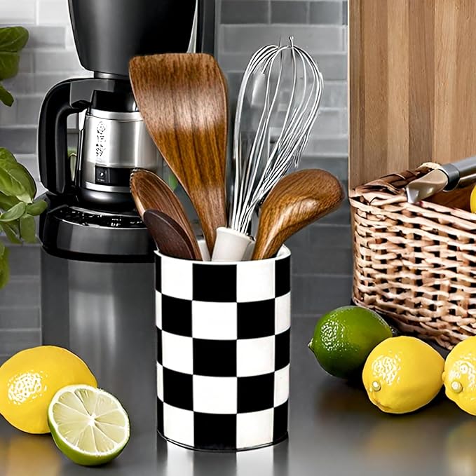 Checkered Utensil Holder, 4.13''x5.71 Utensils Caddy for Kitchen Counter, Medium Size Utensil Crock for Countertop, Utensils Organizer Storage for Parties Dining-Modern black and White