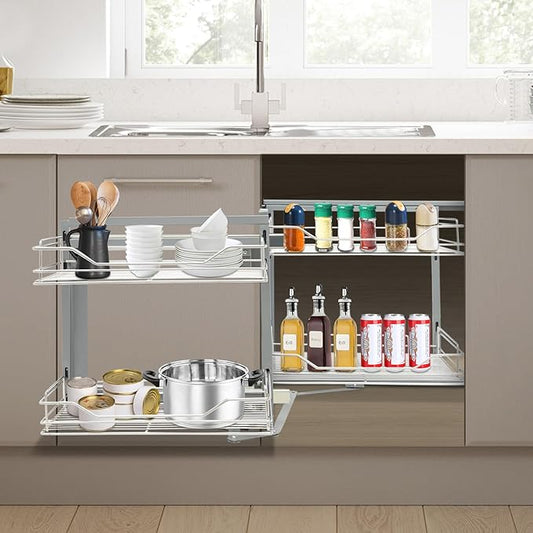 Blind Corner Cabinet Pull Out Left & Right Open, Cabinet Organizer 2 Tiers Organizer, L-Shaped Hidden Slide Out Shelves for Store Kitchen Utensils 35.24x18.11x20.67in(Pull Out Left & Right, Style2)