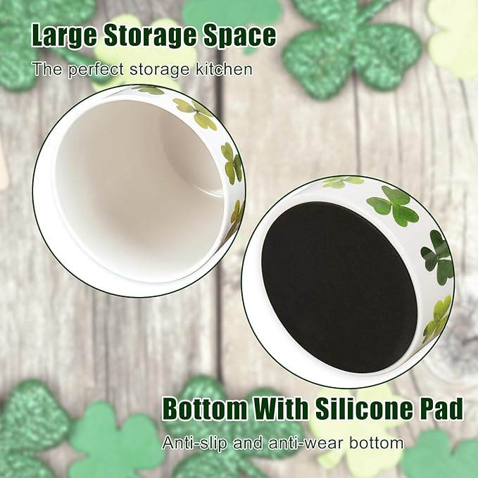 JarThenaAMCS St. Patrick's Day Ceramic Kicthen Utensil Holder Watercolor Green Shamrock Clover Utensil Crock for Irish Holiday Home Countertop Storage Organizer Container
