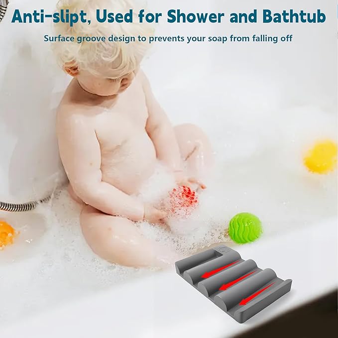 Silicone Soap Dish,Self Draining Soap Holder Perfect for Shower,Bathroom Sink,Kitchen Sink & Travel,Non-Slip Bar Soap Holder Extend Soap Life,Keep Soap Bars Dry Clean (Grey-2Pcs)