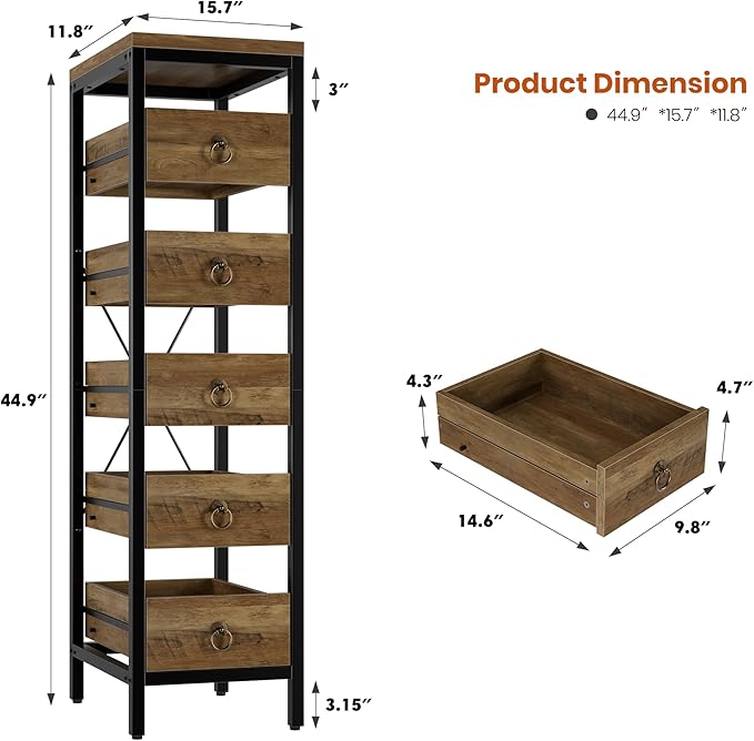 Kitchen Fruit Vegetable Storage Rack, 5-Tier Narrow Snack Fruit Display Stand with 5 Pull-Out Drawers Basket, Utility Organizer Standing Shelf for Kitchen Living Room Bathroom Supermarket, Brown