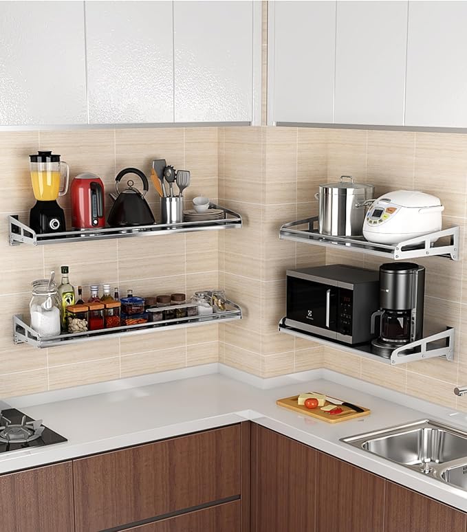 Wall Mount Metal Wall Shelf Kitchen Spice Condiment Racks 304 Stainless Steel fit Storage Rack Bedroom Bathroom Living Room Shelves (Length31.5 width13.7)