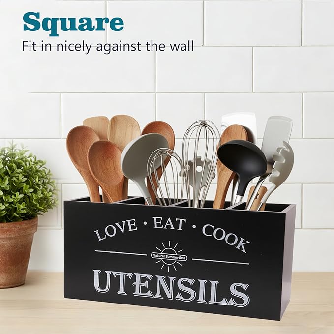 2 PC Wooden Utensil Holder,（With 4-Compartments size*1 + 3-Compartments size*1） Extra Large Kitchen Counter,Cooking Spatula Organizer,Farmhouse Decor, Rustic Cooking Utensil