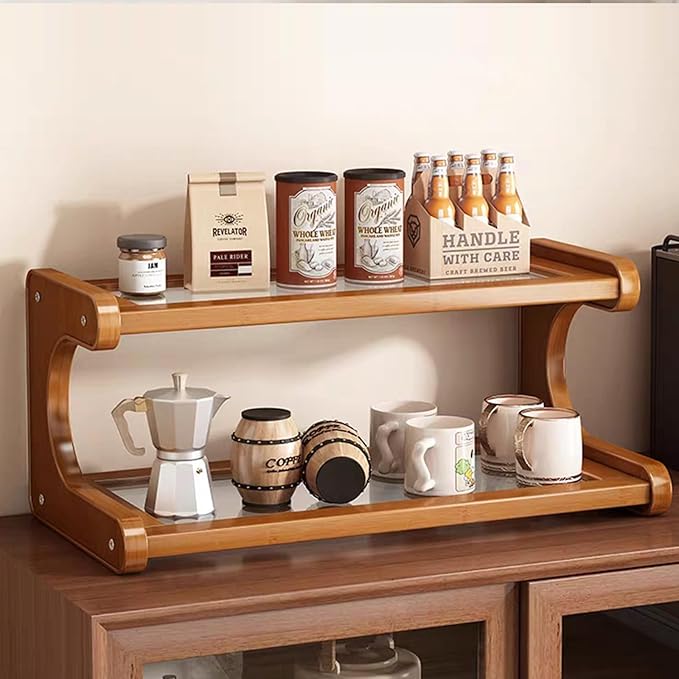 Kitchen Countertop Organizer Bamboo Wooden Counter Storage Shelf Rack, Multifunctional Freestanding Shelf Unit for Bathroom (MJ-2Brown-US)