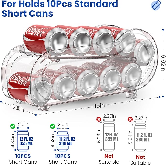 2 Pack Auto-Rolling Soda Can Organizer for Refrigerator/Fridge, Upgraded Soda Can Dispenser & Holder for Pantry Storage 10 Standard Size 12oz/ 11.2oz/ 355ml/ 330ml Drink Short Cans (Clear)