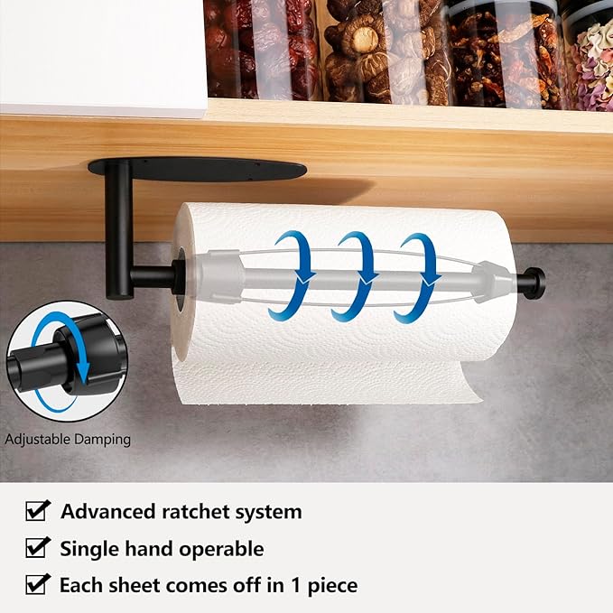 Single Hand Operable Paper Towel Holder Under Cabinet with Damping Effect, Self Adhesive Paper Towel Roll Holder Wall Mount for Kitchen Bathroom, SUS304 Stainless Steel, Black