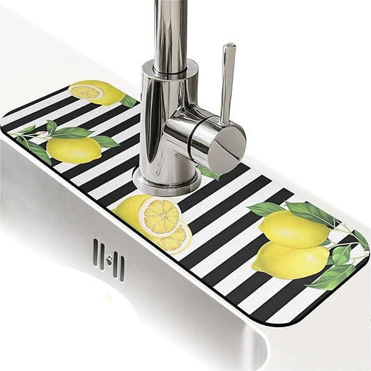 Kitchen Sink Splash Guard，Lemon and stripes Faucet Mat Sink Gadgets-Super Absorbent Fast Drying Mat Drip Catcher for Kitchen, Bathroom,Sink Mat, Dish Drying Mat, Bathroom(15" X 5.5" )