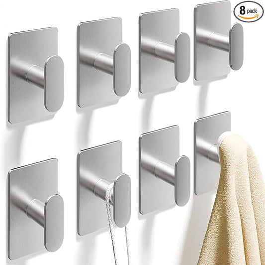 pickpiff Adhesive Towel Hooks for Bathroom: 20LB Extra Strong Wall Hanger for Shower Kitchen RV Dorm Apartment, Silver 8 Pack