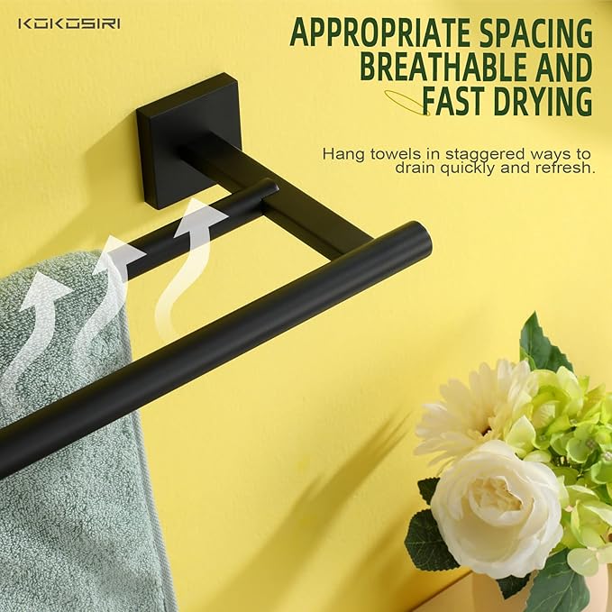 KOKOSIRI Towel Rails Bathroom Double Towel Bars Matte Black 20 Inch Towel Holder for Bath Cabinet Kitchen Wall Mount Stainless Steel B5005BK-L20