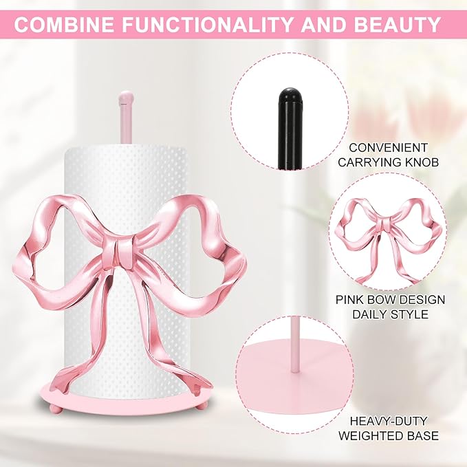 JarThenaAMCS Valentine's Day Trendy Bow Paper Towel Holder Cute Pink Bow Knot Kitchen Decor Accessories Large Metal Towel Holder Stand for Coquette Home Party Bathroom Countertop