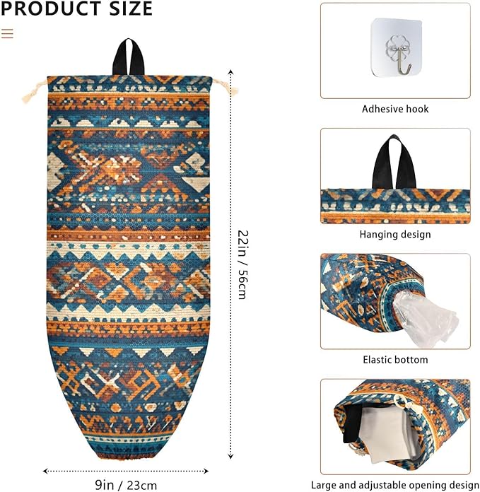 Plastic Bag Holder Wall Mount Grocery Bag Shopping Bag Storage Holder Organizer Dispenser with Adhesive Hook,for Kitchen Bathroom Home Decor 9x22 Inches Blue Brown Retro Pattern Bohemian21