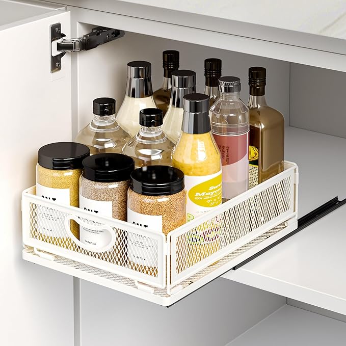 Pull Out Cabinet Organizer,Metal Carbon Steel and Silent sliding Design,Heavy Duty Cabinet Slide Out Shelves for Storing and Organizing Bathrooms, Kitchens, Bedroom 11.8" D*9.6" W*3.9" H