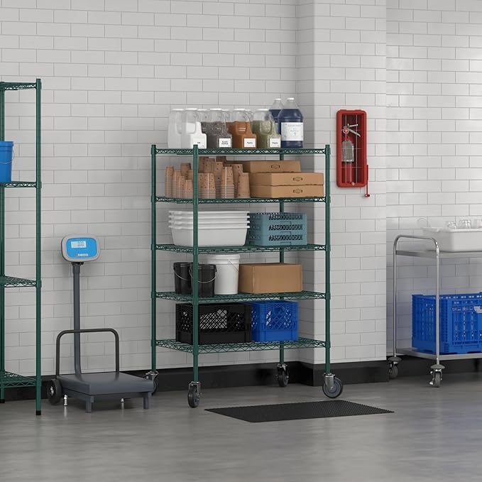 Commercial NSF Listed Green Epoxy Mobile Wire Shelving Kit 24" x 36" x 60", with 5 Shelves Perfect for Warehouse, Walk-in Refrigerator, Freezer, Grocery Store, Restaurant, Dishroom