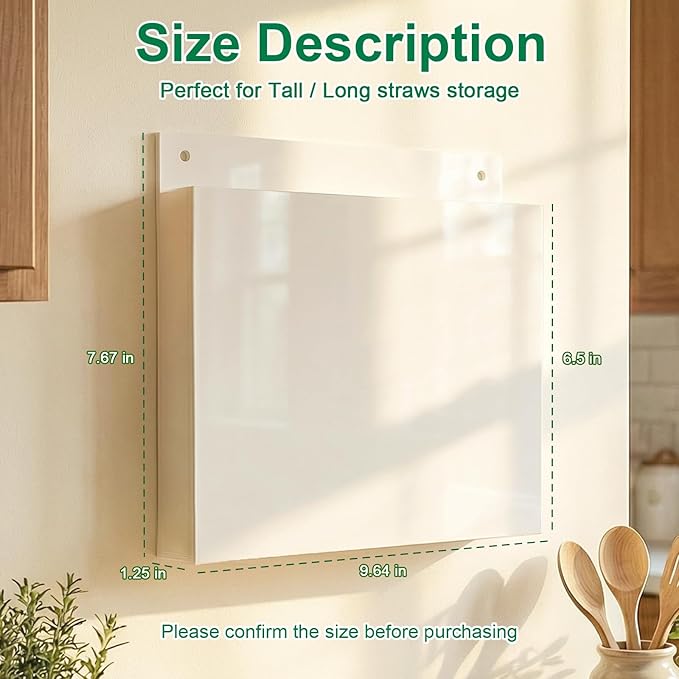 Acrylic Straw Holder for Cabinet Door, White Front Panel Straws Organizer with Adhesive or Magnetic Mount, Reusable Straw Storage Container for Kitchen, Cupboard, Bar Counter – 1 Pack