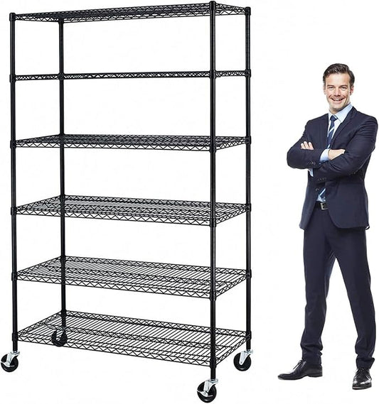 6000Lbs Capacity Heavy Duty Storage Shelves Commercial Wire Shelving Unit and Storage Adjustable NSF 6 Tier Metal Rack Shelf on Wheels for Garage Basement, 76 H x 48 L x 18 D - Black