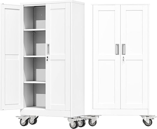 61" Tall Metal Garage Storage Cabinet with Wheels and Locking Doors and Tall Rolling Steel Tool Cabinet with 3 Adjustable Shelves for Garage,Home,Office,Shop (White)