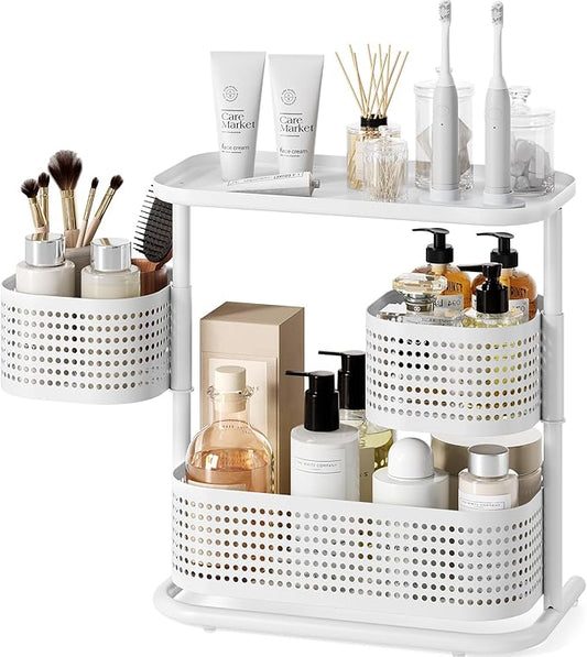 3-Tier Rotating Bathroom Counter Organizer, Vanity Tray for Makeup & Skincare, Countertop Spice Rack Storage, Space-Saving Shelf for Bathroom, Kitchen, Laundry Room, Baby Bottle Station, White