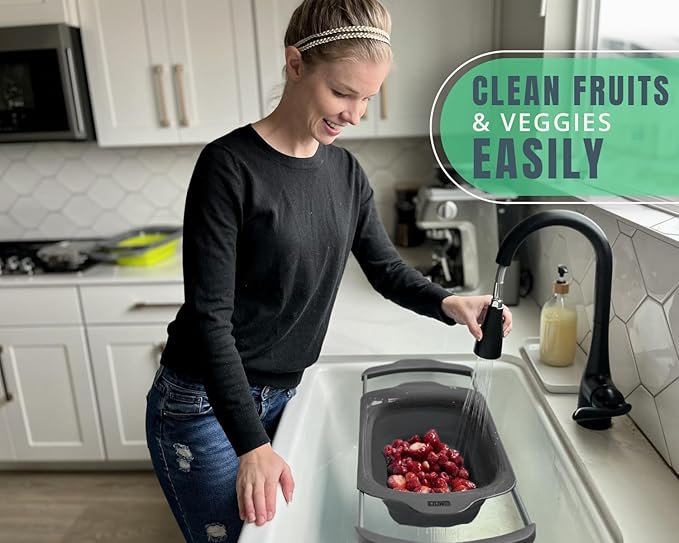 Comfify Over-the-Sink Colander with Handles – Sleek Plastic Black Kitchen Strainer for Pasta, Vegetables & Fruits – Space-Saving Design – 17.1" x 10.1" x 1.4"