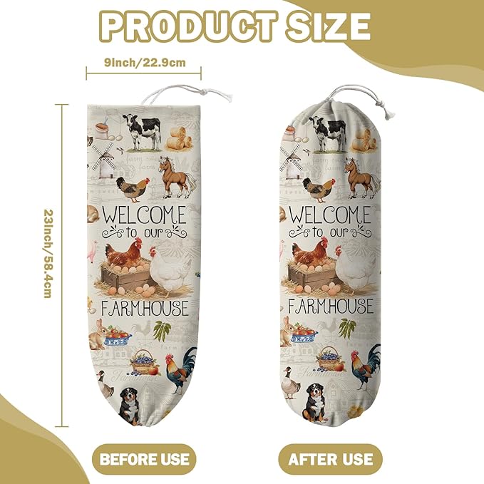 Plastic Bag Holder, Grocery Bag Organizer Storage, Kitchen Dispenser Holders Reusable Shopping with Free Adjustment Drawstring Closure for Kitchen Farmhouse Decor, Farmhouse
