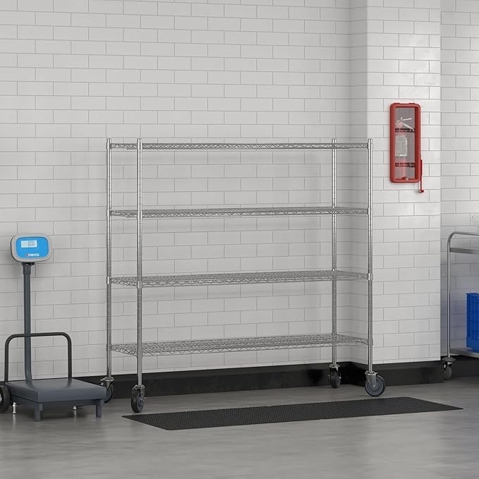 Commercial NSF Listed Chrome Mobile Wire Shelving Kit 18" x 60" x 60", with 4 Shelves Perfect for Warehouse, Walk-in Refrigerator, Freezer, Grocery Store, Restaurant, Dishroom