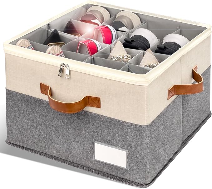 RONCHIL Shoe Organizer for Closet, Foldable Shoe Storage Bins with Clear Cover, Space Saving Shoes Holder with 4 Handles, Large Adjustable Shoe Box Storage Containers, Fits 8-16 Pairs, 1 Pack, Beige
