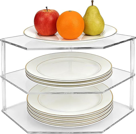 3-Tier Clear Acrylic Corner Shelf for Dishes - Plate Organizer for Cabinet Space Saver, Bowls & Dinner Plates, Kitchen Cabinet Plate Holder & Small Shelf for Bathroom Storage