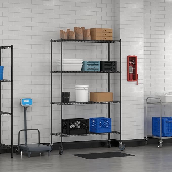 Commercial NSF Listed Black Epoxy Mobile Wire Shelving Kit 18" x 48" x 80", with 4 Shelves Perfect for Warehouse, Walk-in Refrigerator, Freezer, Grocery Store, Restaurant, Dishroom