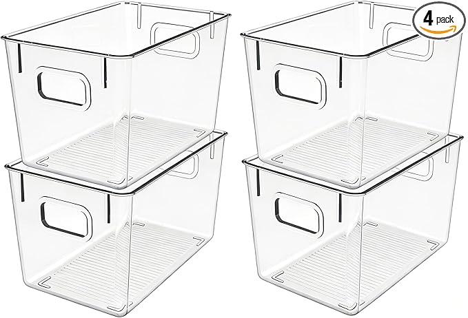 4 Pack Clear Plastic Storage Bins with Handles, Pantry Organizers & Storage Containers, Cabinet Organizer, Home Organization Must Haves for Kitchen, Laundry Room, Office, Closet, Garage & Freezer,L