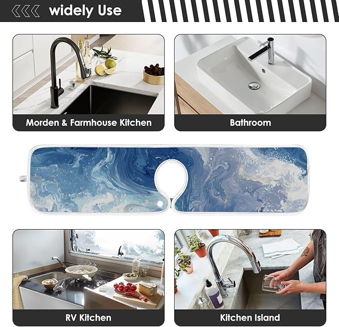 2 PCS Kitchen Sink Splash Guard 14.9 Inch Faucet Mat for Kitchen Sink Bathroom Sink Faucet Absorbing Drip Drain Mat Pad Microfiber Soft Washable Blue Fluid