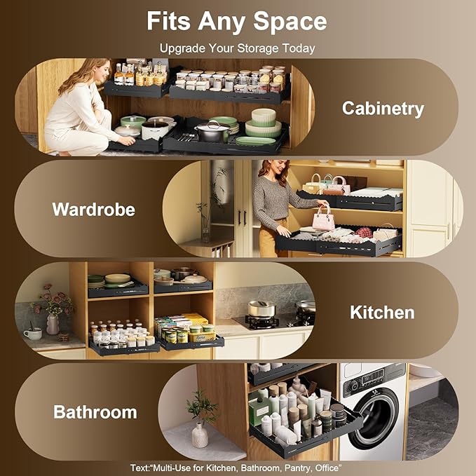 Pull Out Cabinet Organizer 1PCS,4-Way Width (11"-18") and Depth (13"-24") Expandable Pull Out Drawers for Cabinets – One Size Fits Most! No Drill, Heavy-Duty Metal Organizer for Pantry, Kitchen Black