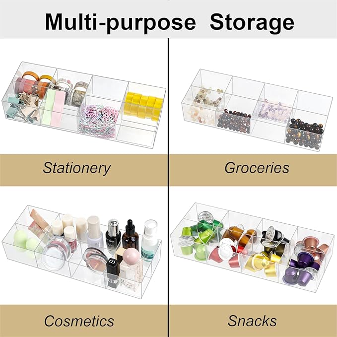 ZEXALOR Clear Drawer Organizer, 8 Sections Makeup Socks Organizer Holder, Drawer Dividers Office Desk Tray Bathroom Jewelry Trays (8 Cell)
