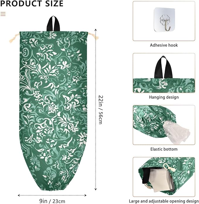 Plastic Bag Holder Wall Mount Grocery Bag Shopping Bag Storage Holder Organizer Dispenser with Adhesive Hook,for Kitchen Bathroom Home Decor 9x22 Inches Green Retro Pattern Bohemian20
