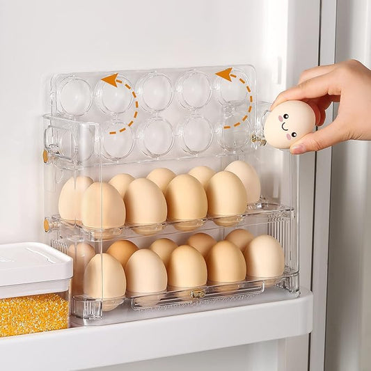 Beveetio Flippable Egg Holder For Refrigerator, Clear Acrylic Egg Storage Container For Refrigerator Side Door, Large Capacity Organizer-30 Count Capacity