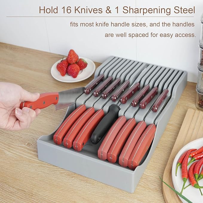 Knife Holder, In Drawer Knife Block Holder with Expandable Cutlery Tray Kitchen Drawer Organizer Insert-Holds 11 Knives for Save Space & Kitchen Safety (16 holder, Polypropylene (PP))