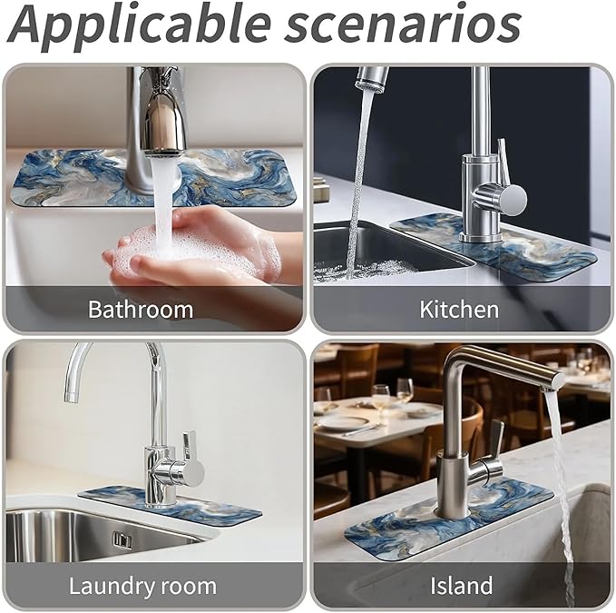 Kitchen Sink Splash Guard，Abstract blue white marble Faucet Mat Sink Gadgets-Super Absorbent Fast Drying Mat Drip Catcher for Kitchen, Bathroom,Sink Mat, Dish Drying Mat, Bathroom(15" X 5.5" )