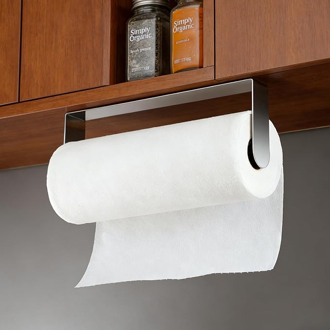 YIGII Self Adhesive Paper Towel Holder - Wall Mount Paper Roll Holder Under Cabinet, Polished SUS 304 Papertowel Holders, Stainless Steel, No Drilling (Polished Silver)