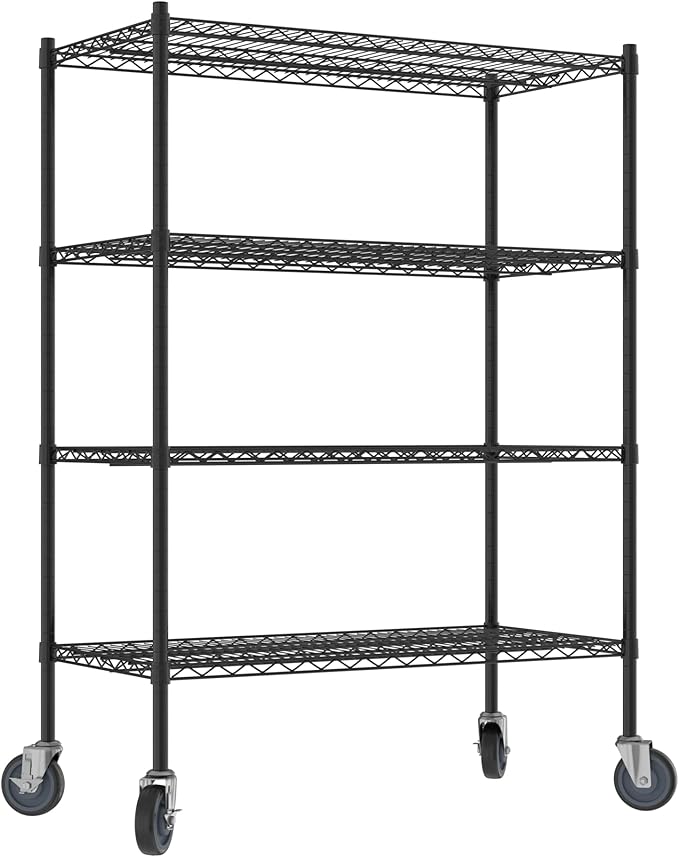 Commercial NSF Listed Black Epoxy Mobile Wire Shelving Kit 21" x 42" x 60", with 4 Shelves Perfect for Warehouse, Walk-in Refrigerator, Freezer, Grocery Store, Restaurant, Dishroom