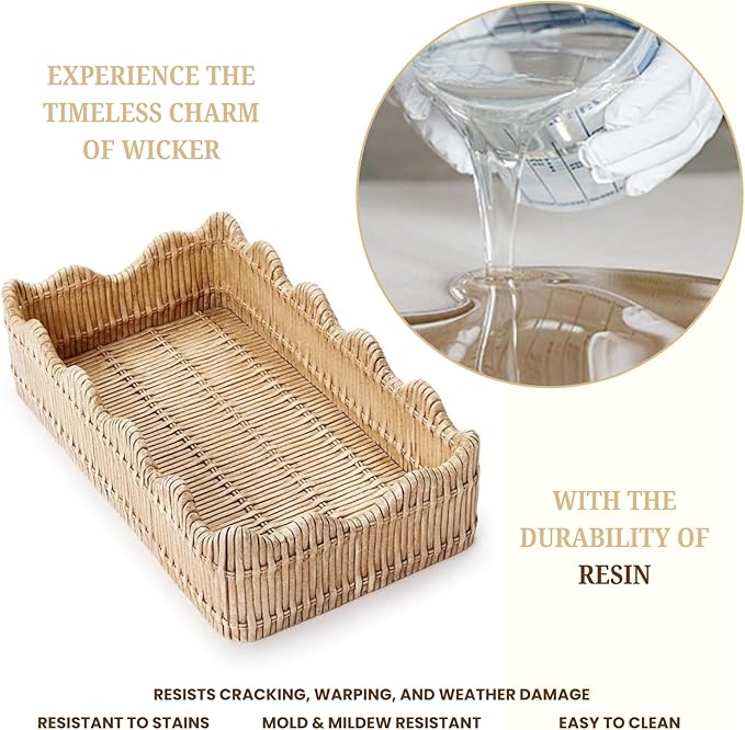 Two's Company Resin Scalloped Edge Wicker Weave Pattern - Decorative Napkin Holder, Guest Towel & Utensil Holder, Rustic Farmhouse Decor & Organizer