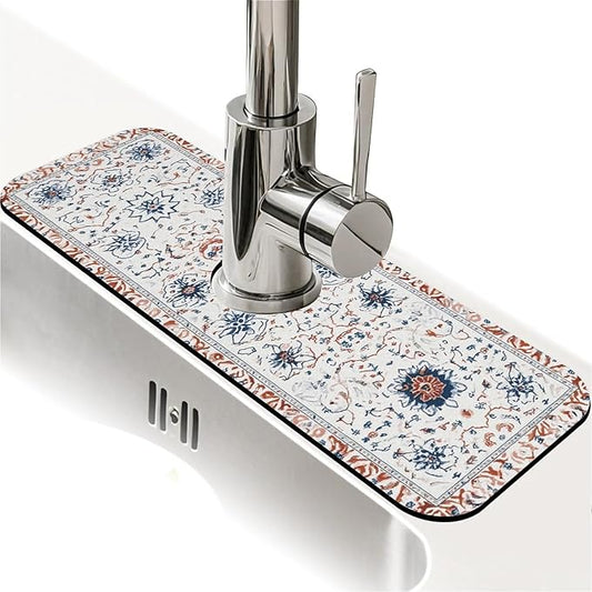 Kitchen Sink Splash Guard，Geometrically complex flowers Faucet Mat Sink Gadgets-Super Absorbent Fast Drying Mat Drip Catcher for Kitchen, Bathroom,Sink Mat, Dish Drying Mat, Bathroom(15" X 5.5" )