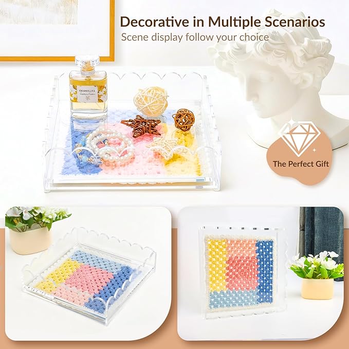 Scalloped Acrylic Tray for Needlepoint Inserts, 8" x 8" Clear Acrylic Tray with Drawer, Compatible for Art, Photos, Fabric & Custom Displays, Decorative Gift for Home or Office