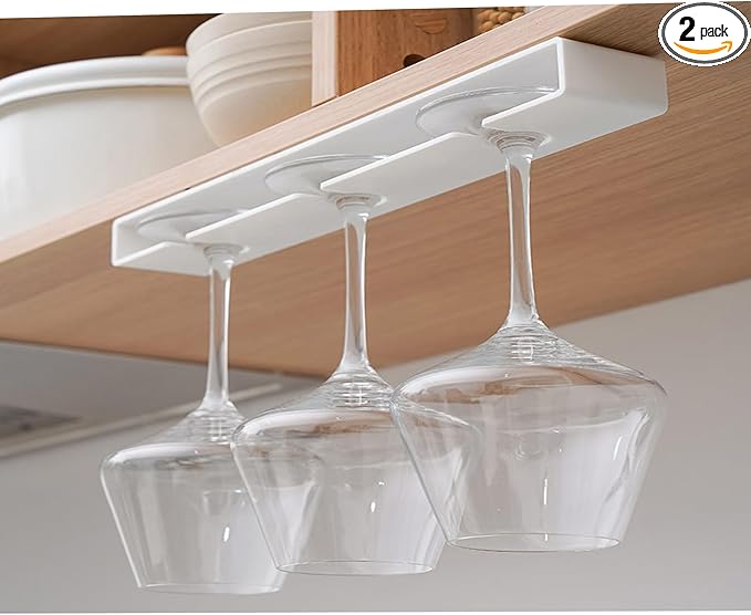 2 pieces Wine Glass Holder,Under Shelf Cabinet Wine Glass Rack, Plastic Stemware Rack,Glassware Drying Storage Hanger for Kitchen,Bar and Restaurant (White Style A)