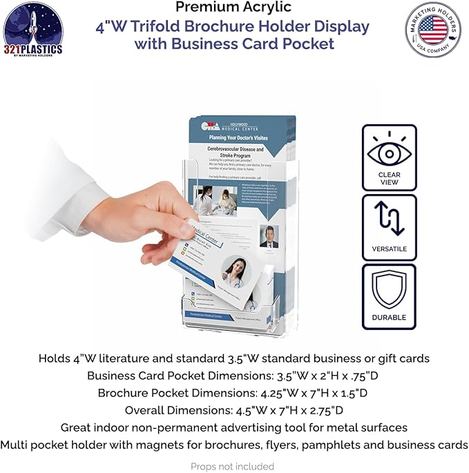 Marketing Holders 2 Pack Magnetic Pamphlet Holder for 4" Rack Cards Trifolds and 3.5" x 2" Business Cards Clear Plastic Smooth Metal Surface Mount on Lockers Filing Cabinets Paper Organizer