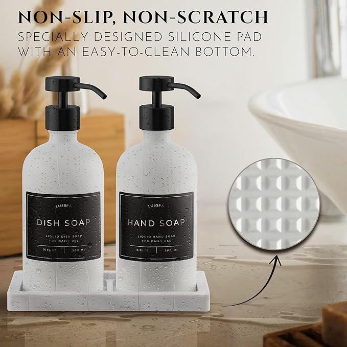 Lotion, Hand & Dish Soap Dispenser for Kitchen & Bathroom | Soap Dispenser Set of 2 16.8 Oz Glass Bottles with Stainless Steel Pump, 15 Water Proof Labels & Silicon Tray (White/Black)