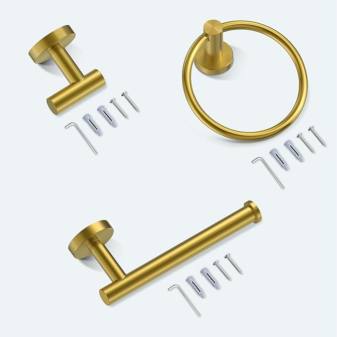 FORIOUS 4 Piece Bathroom Accessories, SUS304 Stainless Steel Toilet Paper Holder, Towel Ring and 2 Towel Hooks, Wall Mounted Bathroom Hardware Set (Brushed Gold)