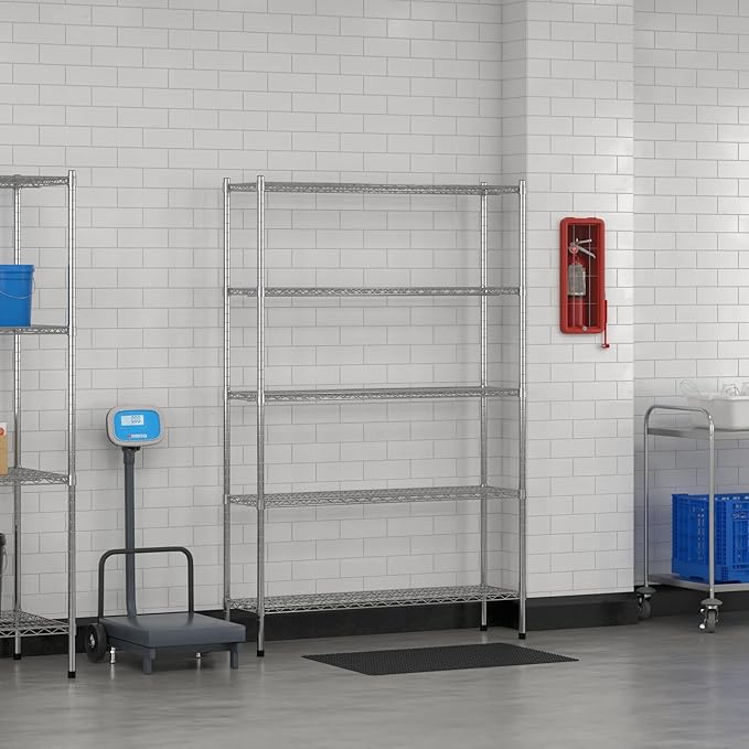 Commercial NSF Listed Chrome Stationary Wire Shelving Kit 14" x 48" x 74", with 5 Shelves Perfect for Warehouse, Walk-in Refrigerator, Freezer, Grocery Store, Restaurant, Dishroom