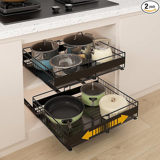 REALINN 2 Pack Pull Out Cabinet Organizer, Expandable(12"-20") Slide Out Drawers 3 Slide Rails Fix with Adhesive or Screw, Roll Out Shelves for Kitchen Cabinet Organization, Black, 12cm height