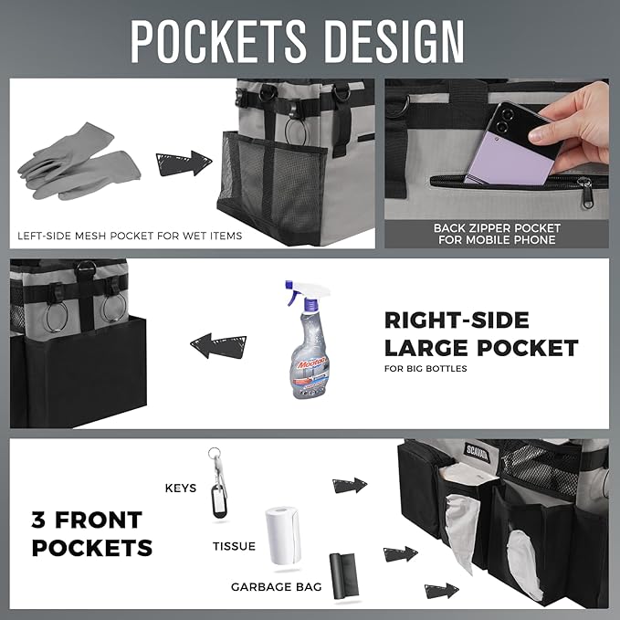 SCAVATA Wearable Cleaning Caddy Bag, Cleaning Caddy Supplies Organizer with Handle & Shoulder Straps for Housekeepers, Under Sink & Car Cleaning Tool Organizers with 4 Foldable Divider (Grey)